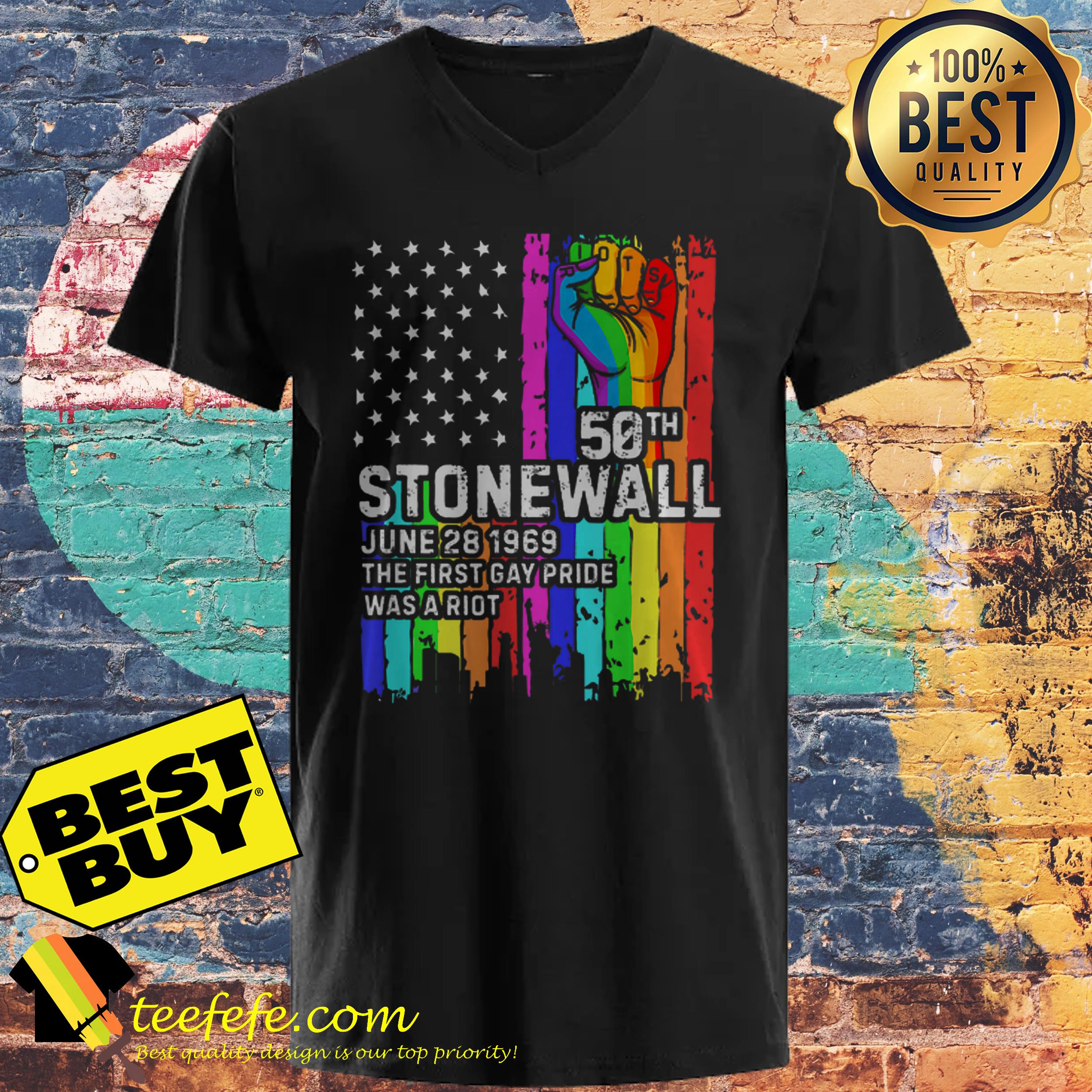 50th Stonewall June 28 1969 The First gay Pride Was A Riot LGBT Rainbow Flag American v-neck