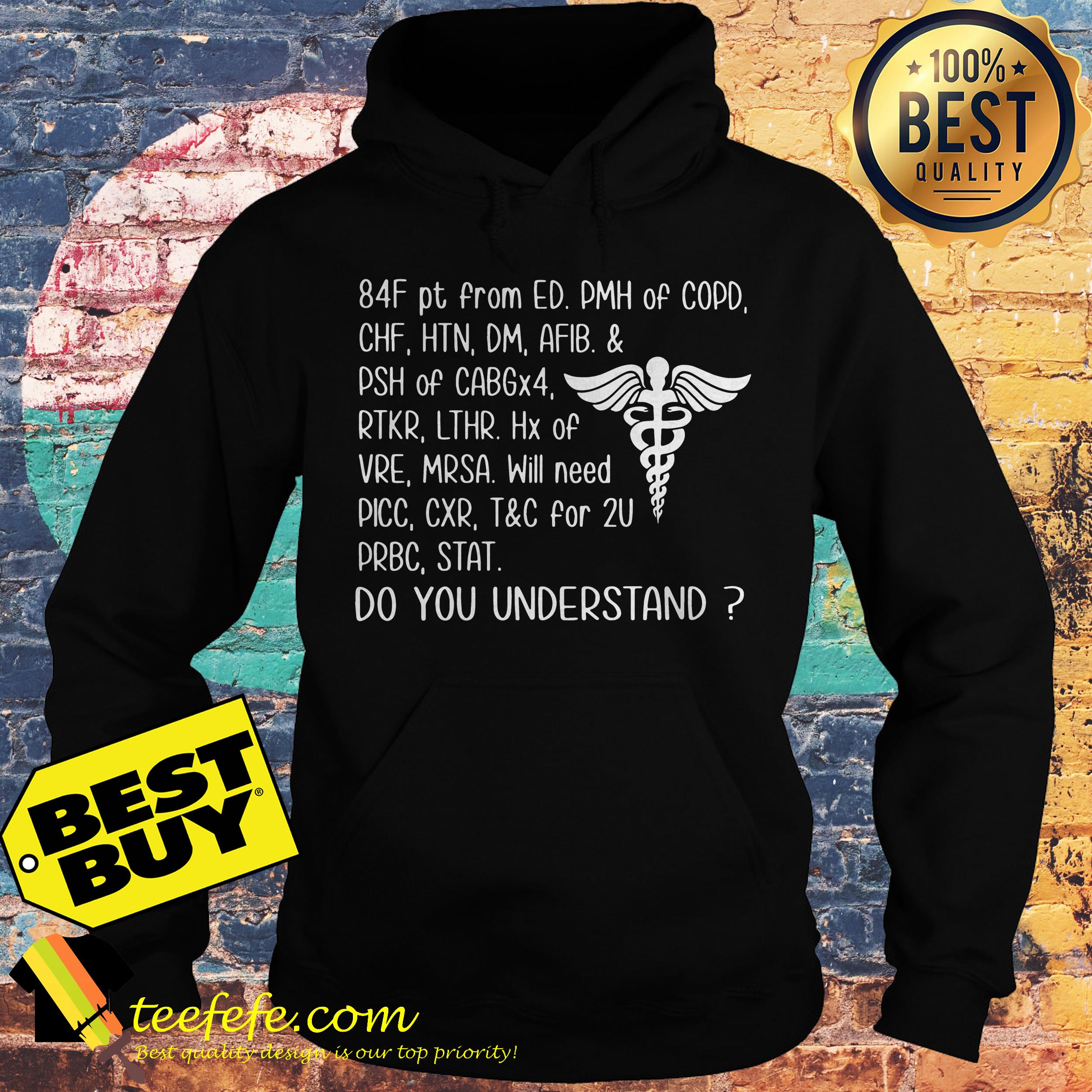 84F pt from ED. PMH of COPD, CHF, HTN, DM, AFIB. & PSH of CABGx4, RTKR, LTHR. Hx of VRE, MRSA hoodie