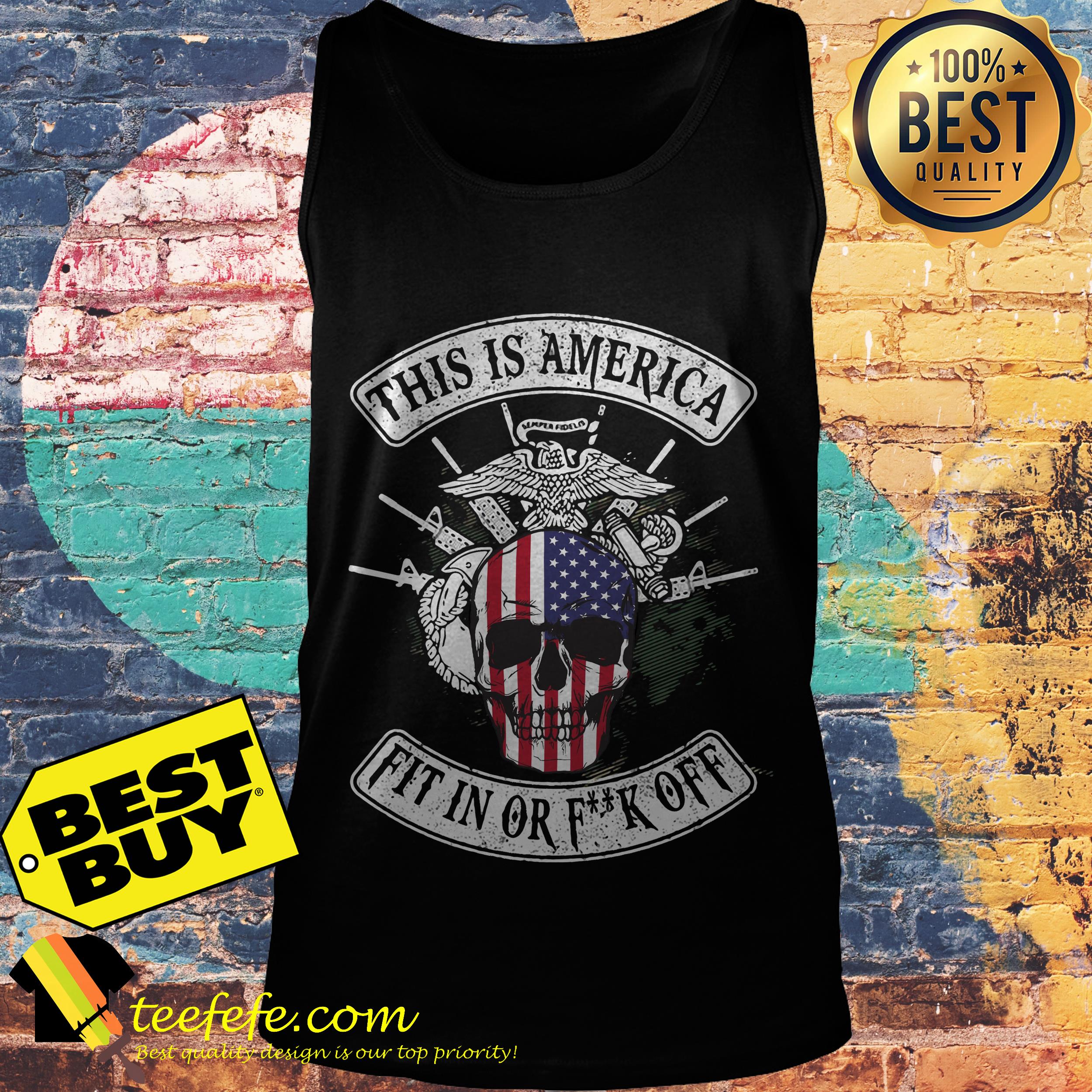 American flag Skull Veteran this is America fit in or fuck off shirt
