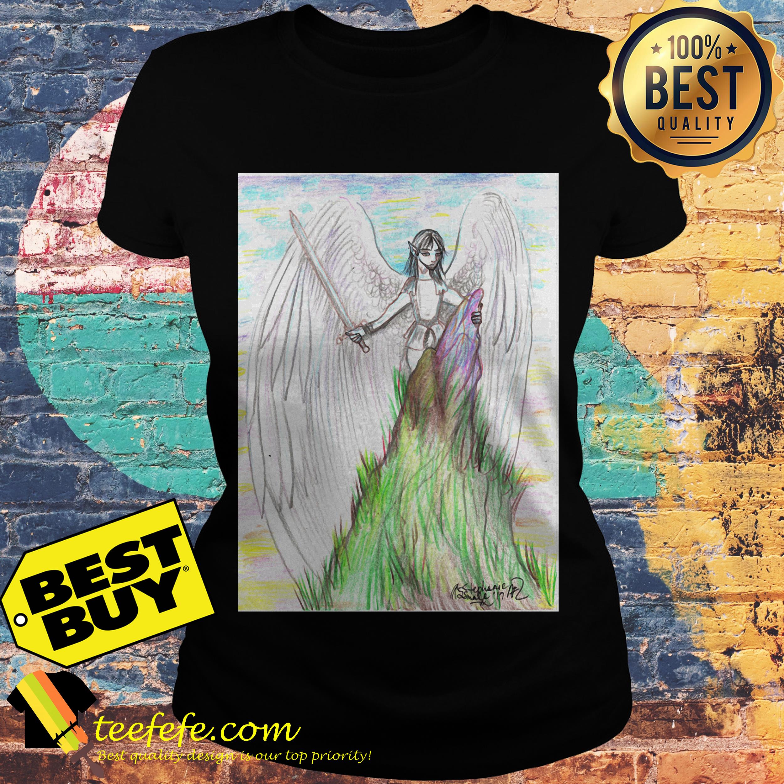 Archangel Angel winged man flying sword mountain god ladies tee