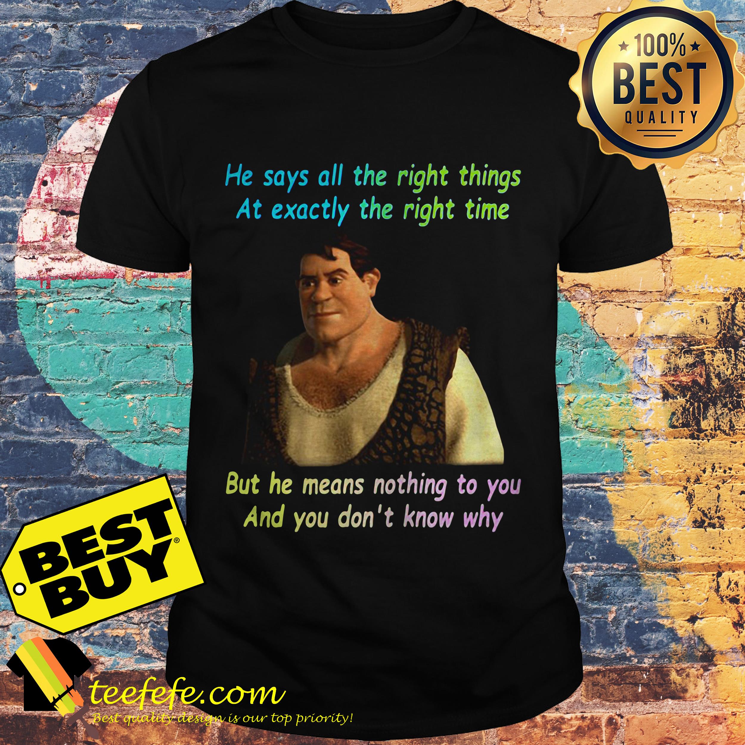 He Says All The Right Things At Exactly The Right Time Shrek shirt