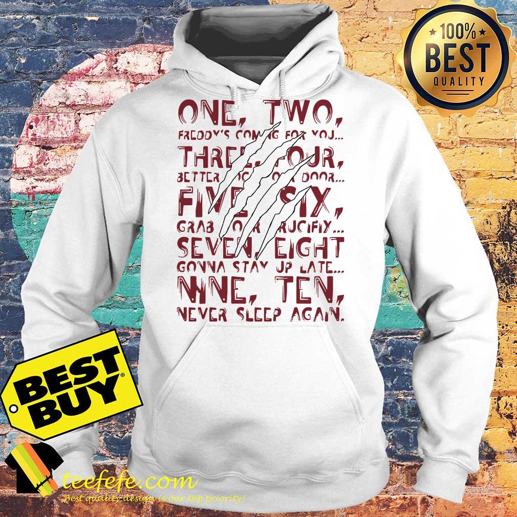 One, two, Freddy's coming for you Three, four, better lock your door Five, six, grab your crucifix Lyrics hoodie