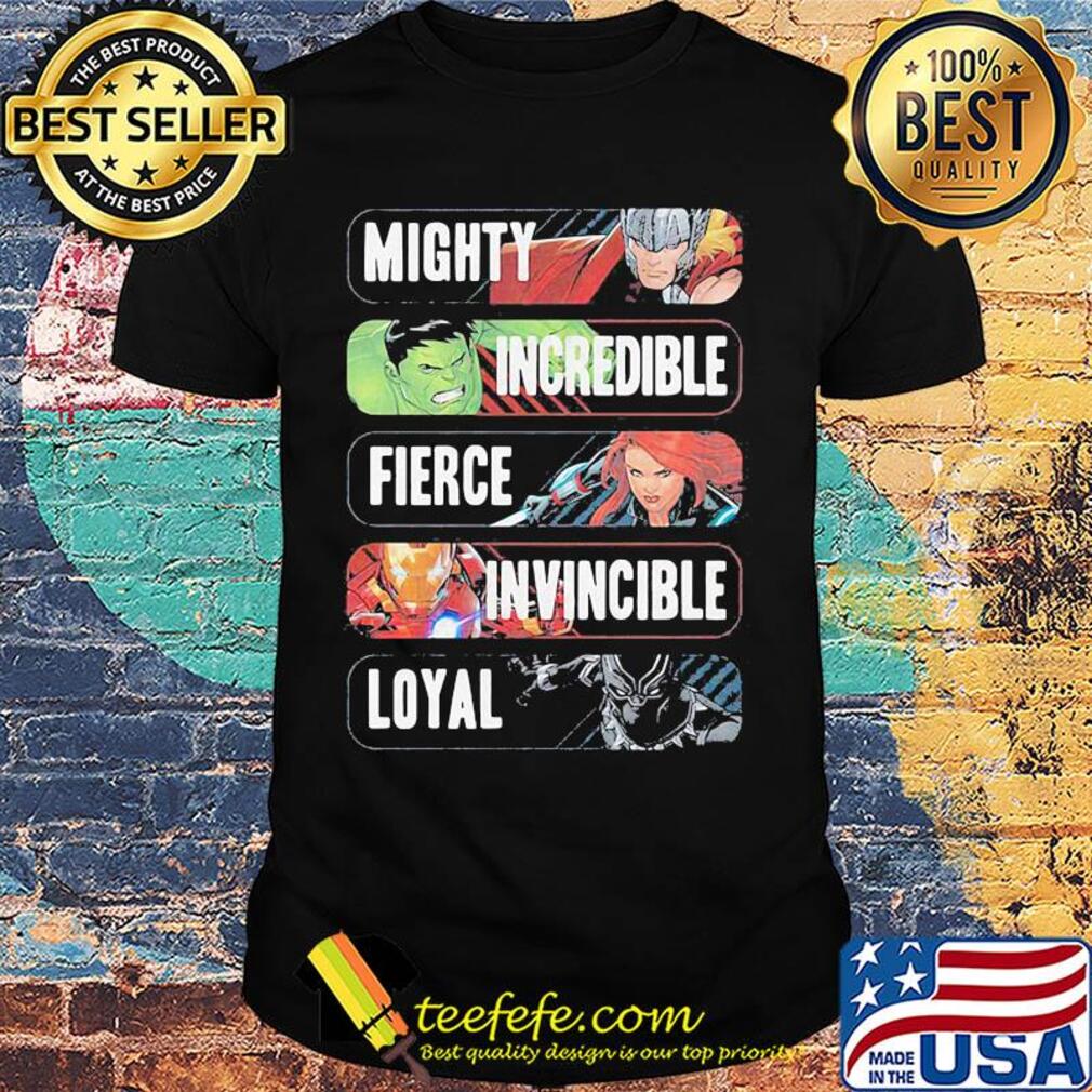 Avenger adjectives marvel comics mighty incredible fierce invincible loyal shirt