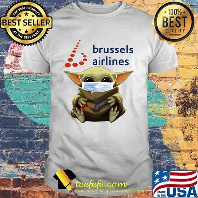 Baby Yoda face mask hug Brussels Airlines shirt