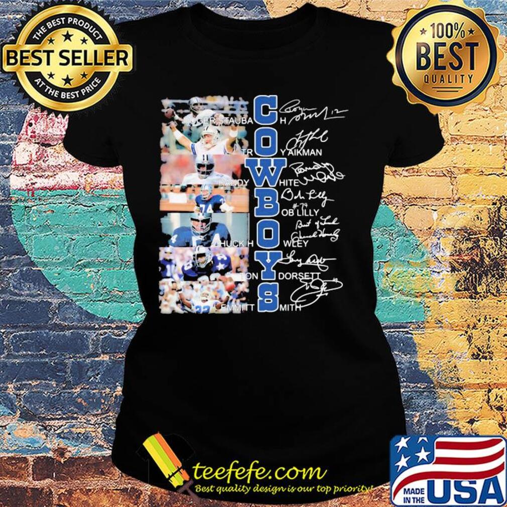 Cowboys Roger Staubach Troy aikman Randy White signature s Ladies tee Cowboys Roger Staubach Troy aikman Randy White signature s Ladies tee