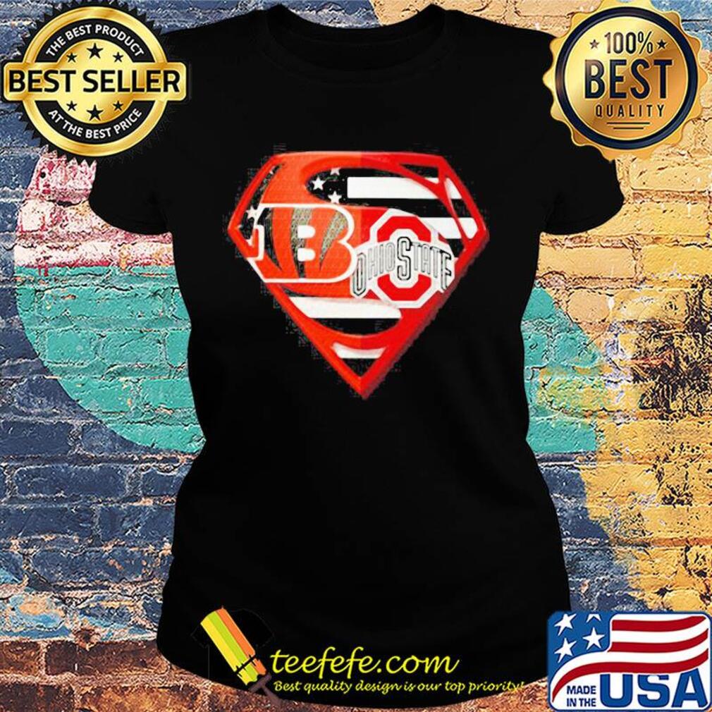 Superhero cincinnati bengals and ohio state buckeyes diamond american flag independence day s Ladies tee Superhero cincinnati bengals and ohio state buckeyes diamond american flag independence day s Ladies tee
