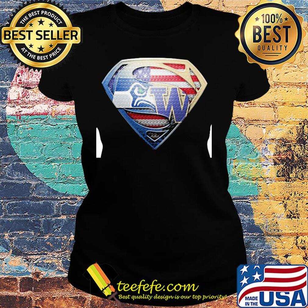 Superman seattle seahawks and washington huskies american flag independence day s Ladies tee Superman seattle seahawks and washington huskies american flag independence day s Ladies tee