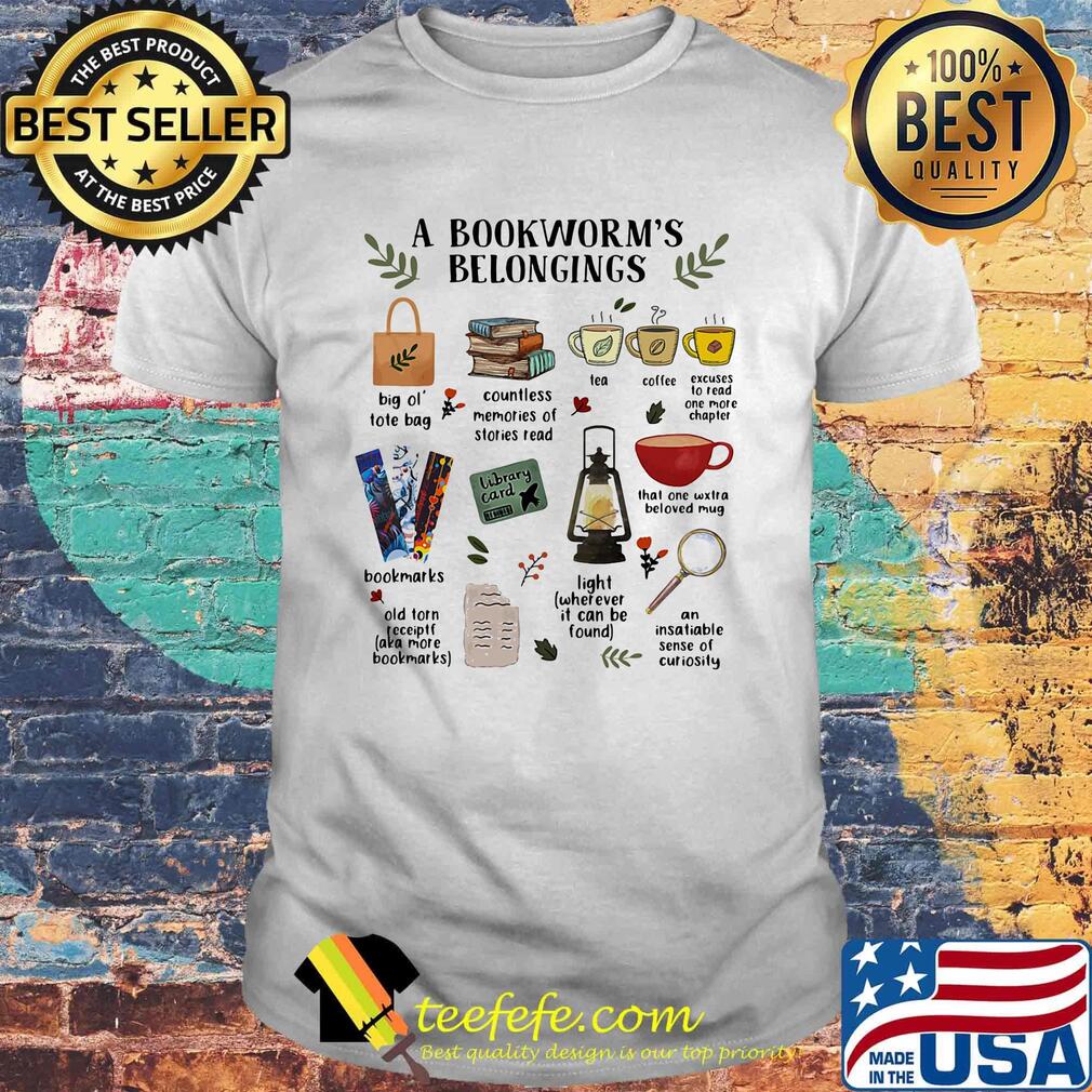 A Bookworm's Belongings Bag Books Cup Bookmarks Card Shirt