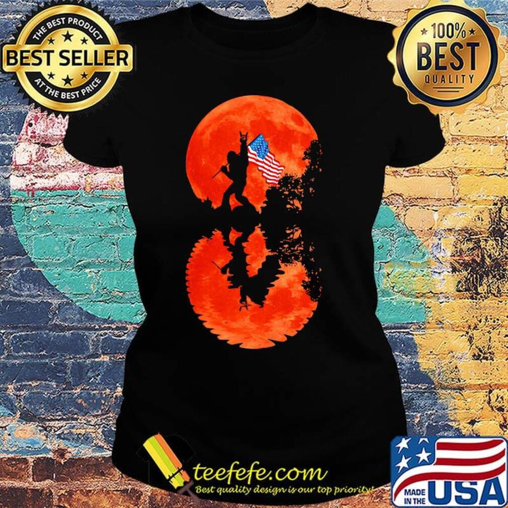Bigfoot American flag veteran Independence day sunset water shadow s Ladies tee Bigfoot American flag veteran Independence day sunset water shadow s Ladies tee