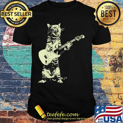 Cat guitar sing black shirt