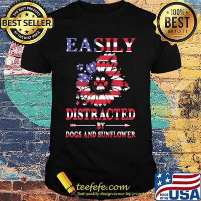 Easily distracted by dogs and sunflower American flag shirt