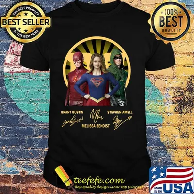 Flash supergirl and arrow grant gustin melissa benoist stephen amell signatures shirt