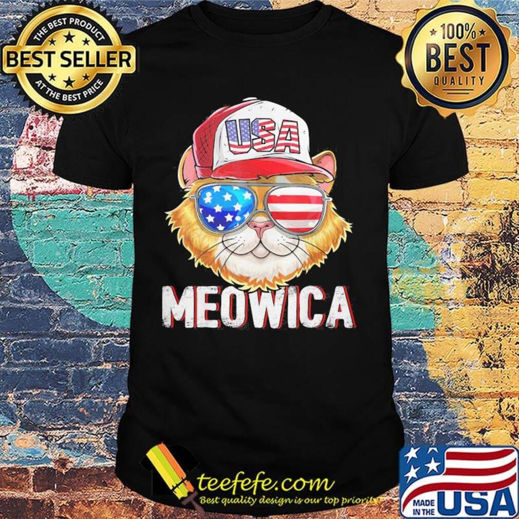 Meowica Cat Hat Sunglasses USA American Flag Independence Day Shirt