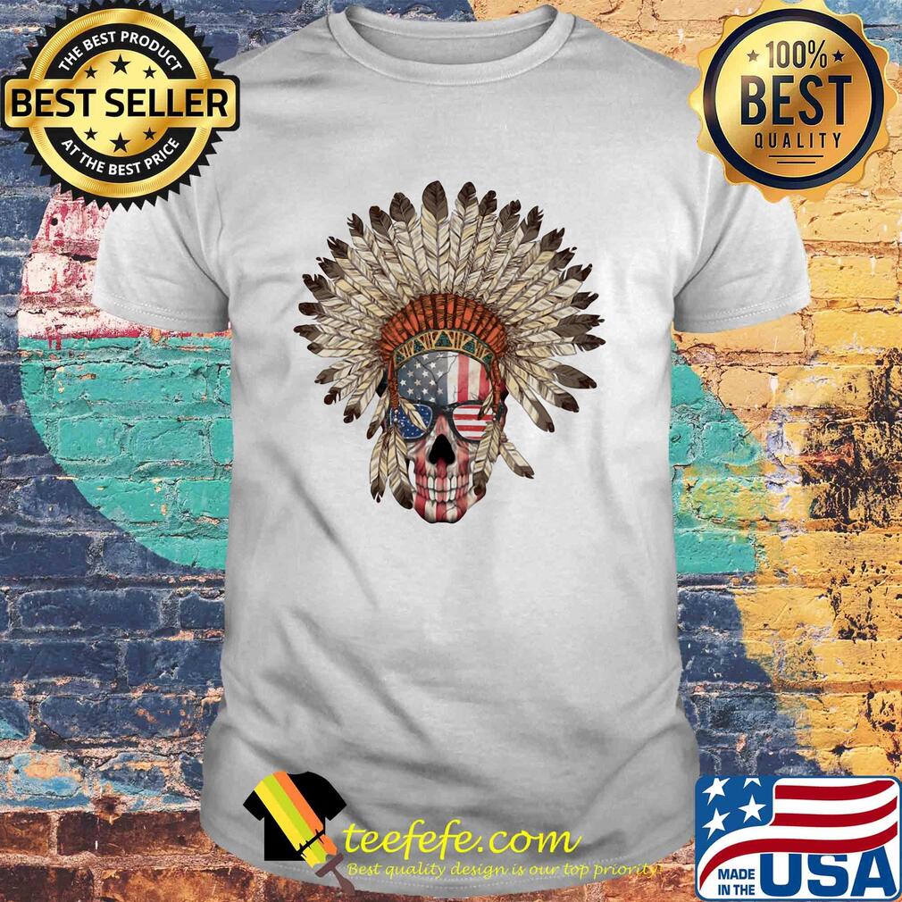 Native american headdress drawing skull American flag veteran Independence Day shirt