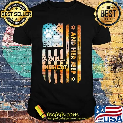 A Girl Her Cat And Her Jeep Footprint American Flag Independence Day Shirt