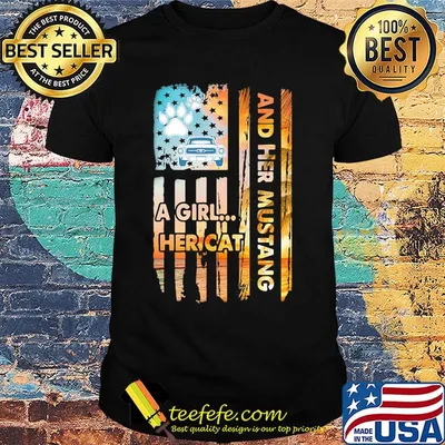 A Girl Her Cat And Her Mustang Footprint American Flag Independence Day Shirt