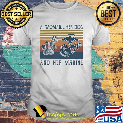 A woman her dog paw and her marine vintage retro shirt