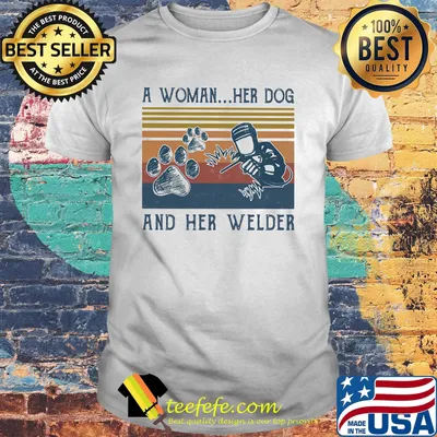 A woman her dog paw and her welder vintage retro shirt