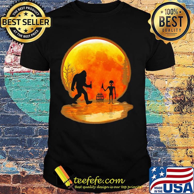 Bigfoot drink beer alien moon blood shirt