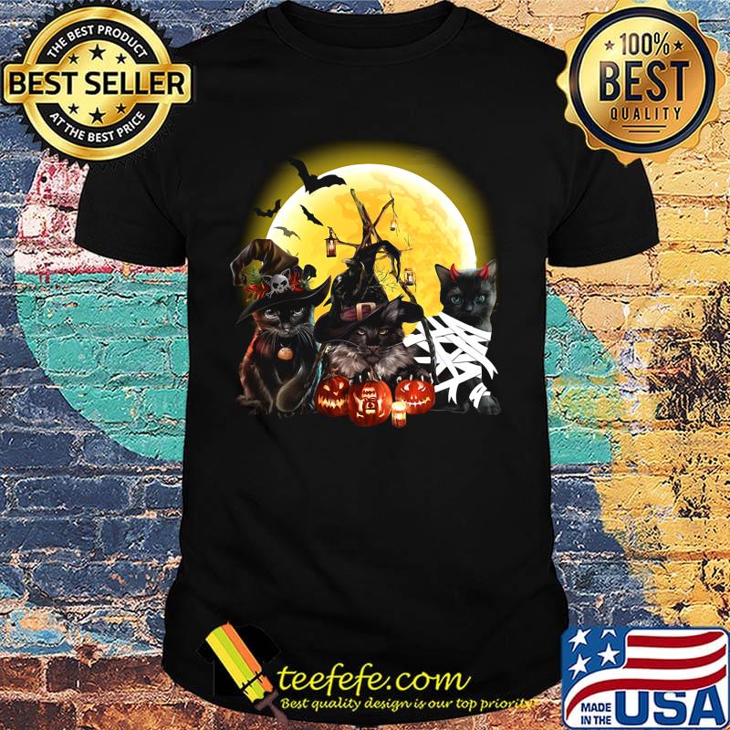 Black Cat Witch Hat Pumpkin Moon Halloween Shirt