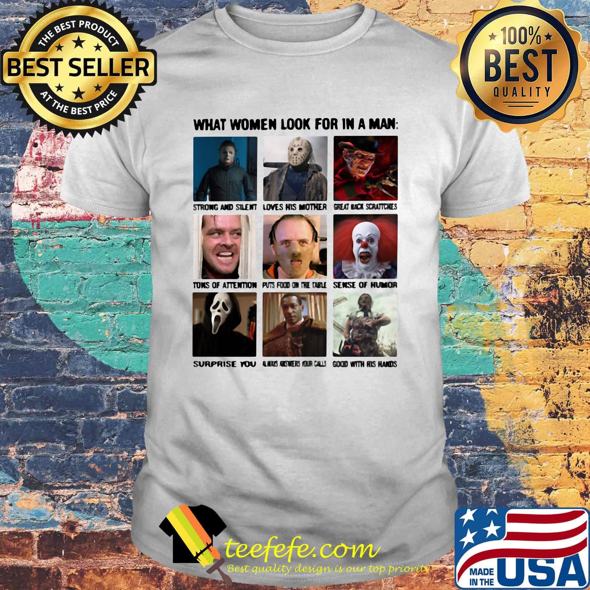 Halloween horror characters what women look for in a man shirt