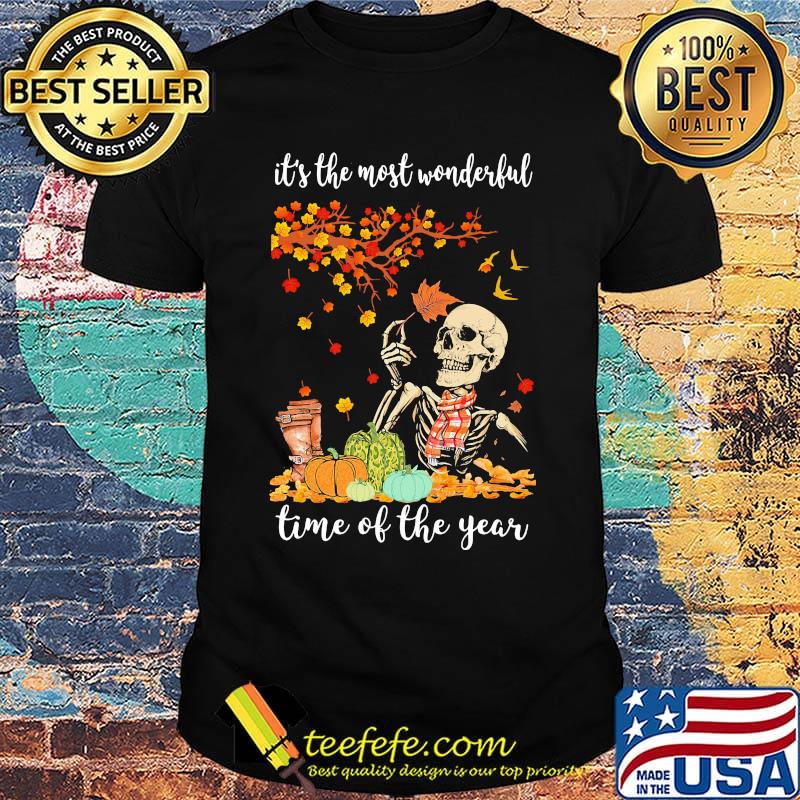 Halloween skeleton it's the most wonderful time of the year maples leaves pumpkin shirt