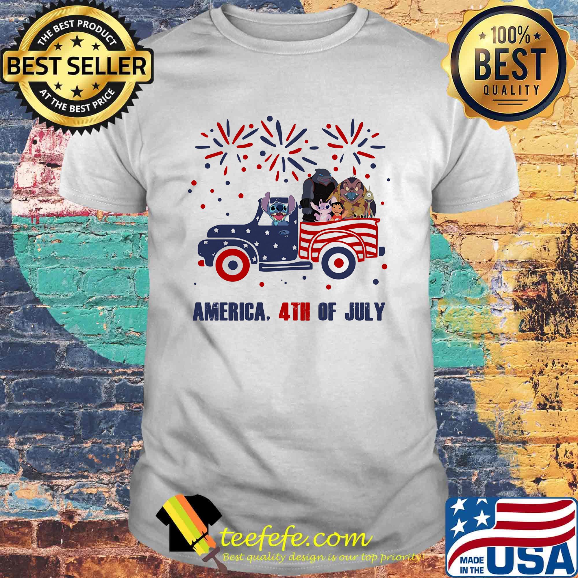 Lilo & stitch characters driving car firework america 4th of july independence day shirt
