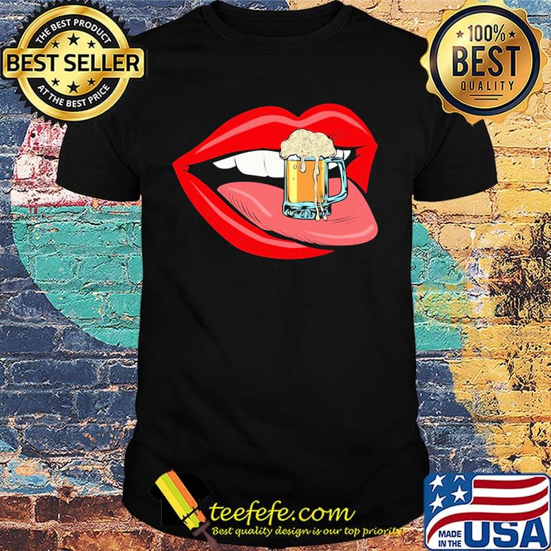 Lips beer mug foam female tongue mouth shirt Lips beer mug foam female tongue mouth shirt