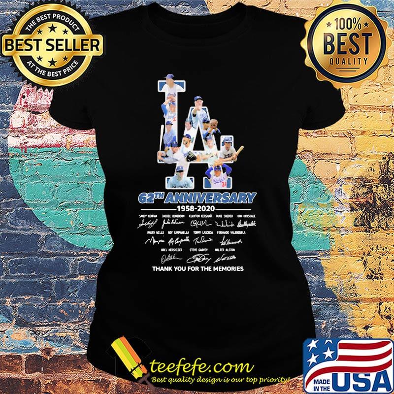 Los angeles dodgers 62th anniversary 1958 2020 thank you for the memories signatures s Ladies tee Los angeles dodgers 62th anniversary 1958 2020 thank you for the memories signatures s Ladies tee