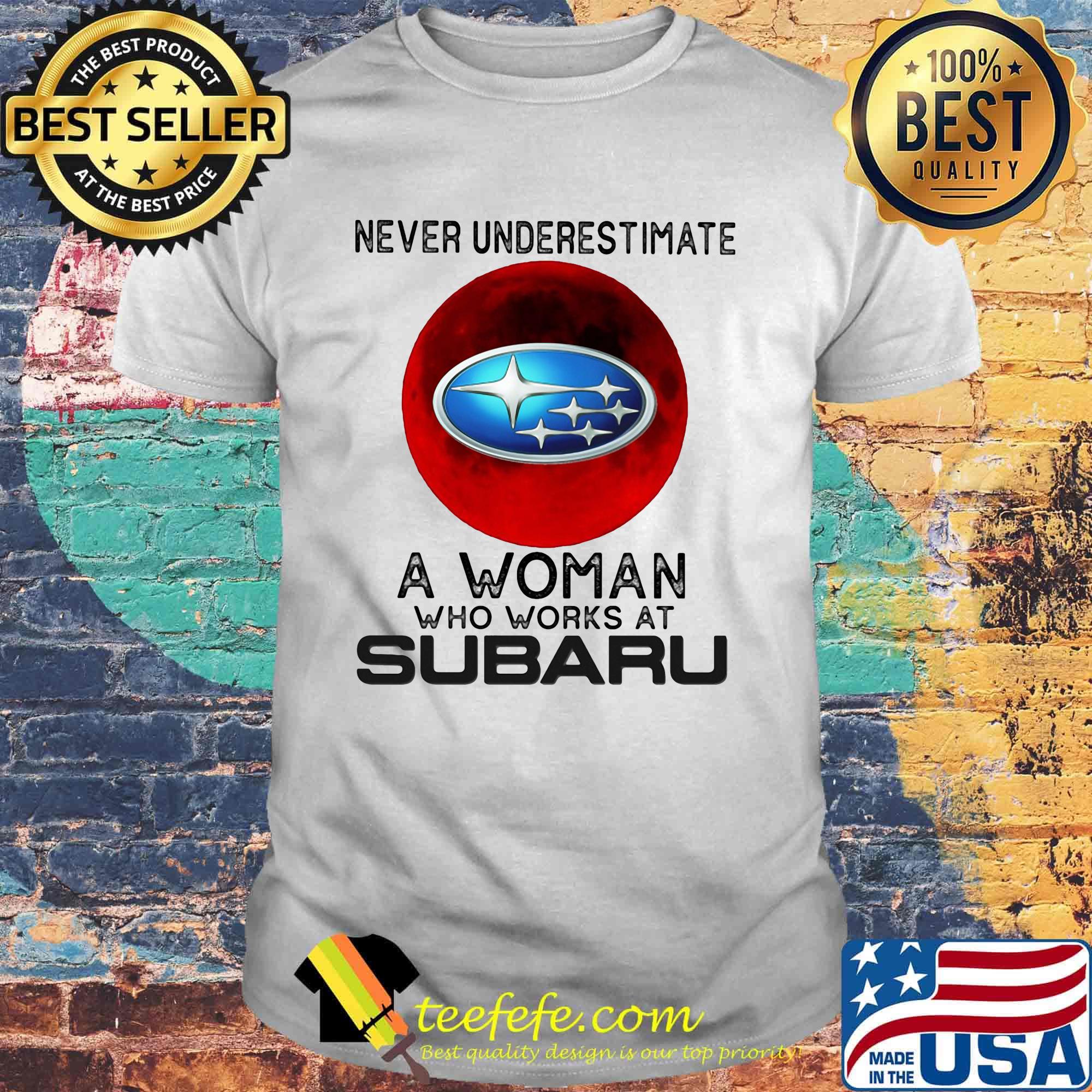 Never underestimate a woman who works at subaru sunset shirt