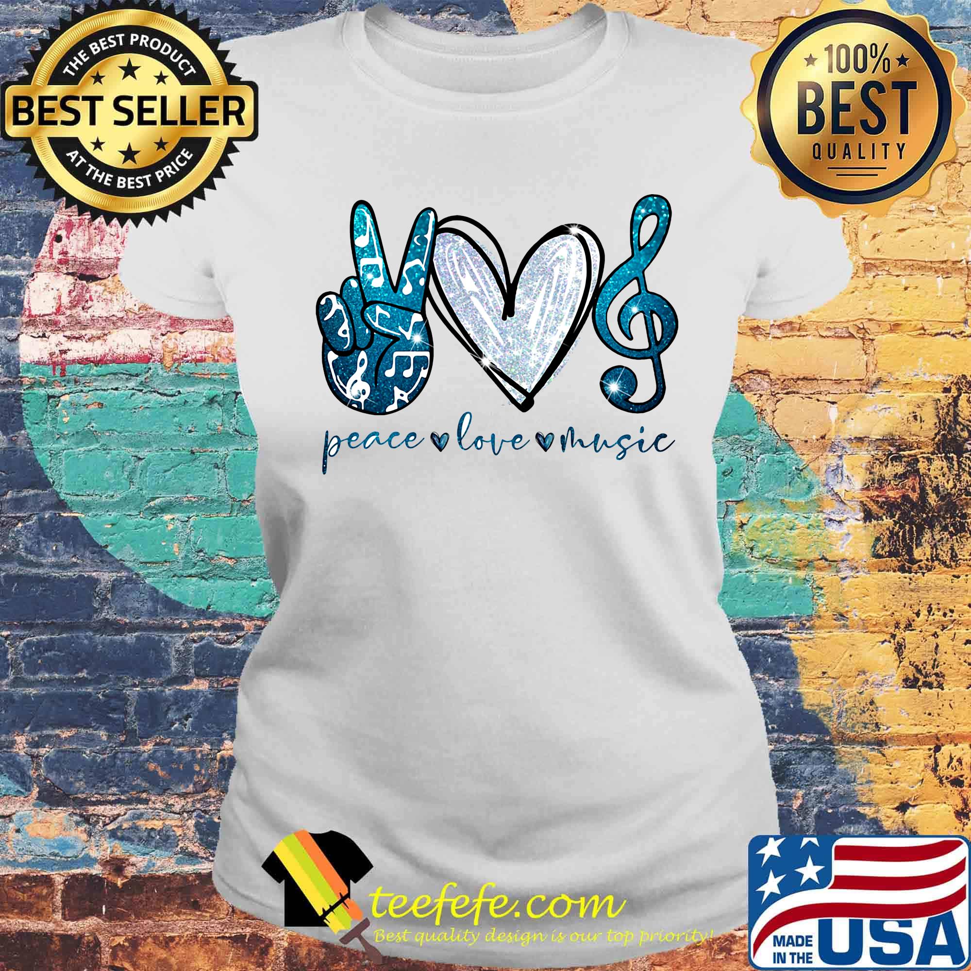 Peace love music hand love key sol blue s Laides tee Peace love music hand love key sol blue s Laides tee