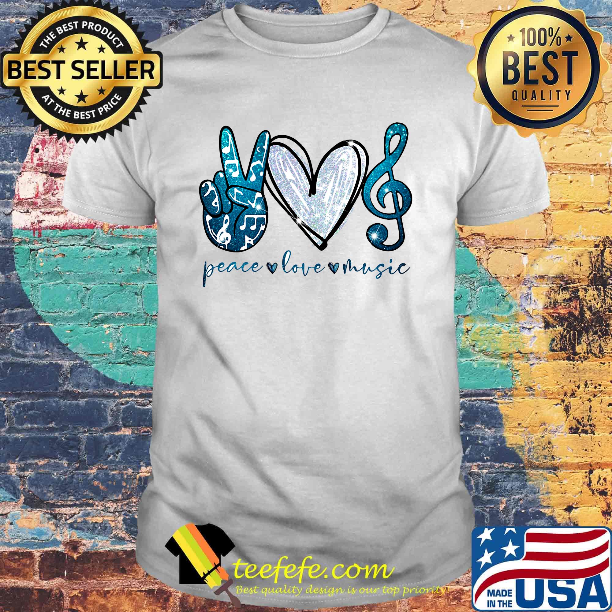 Peace love music hand love key sol blue shirt
