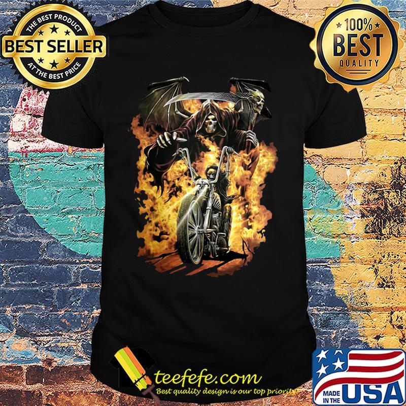 Skeleton death riding motorcycle fire shirt