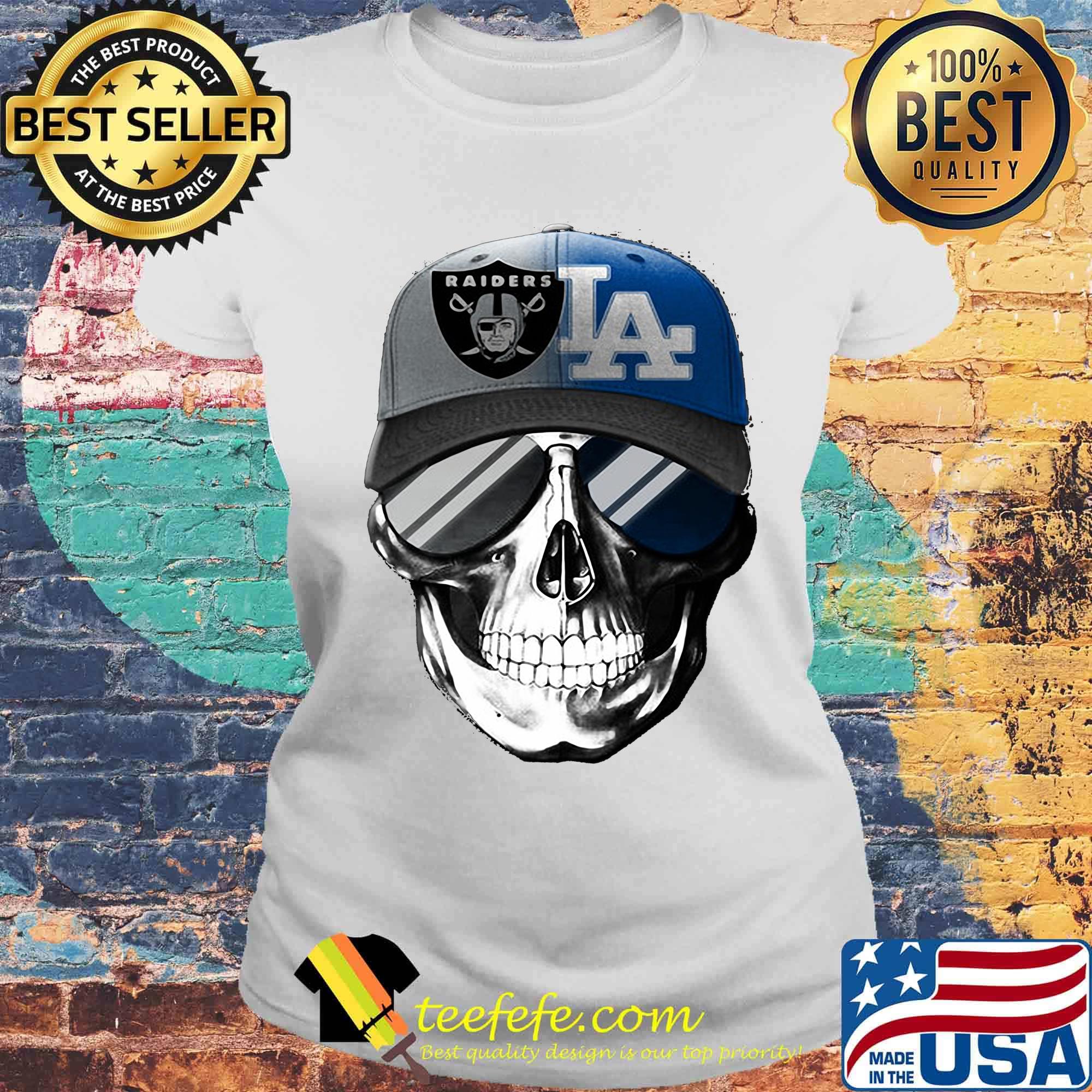 Skull smiling los angeles raiders and los angeles dodgers s Laides tee Skull smiling los angeles raiders and los angeles dodgers s Laides tee