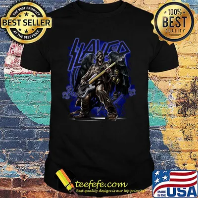 Slayer band skeleton wings playing guitar shirt