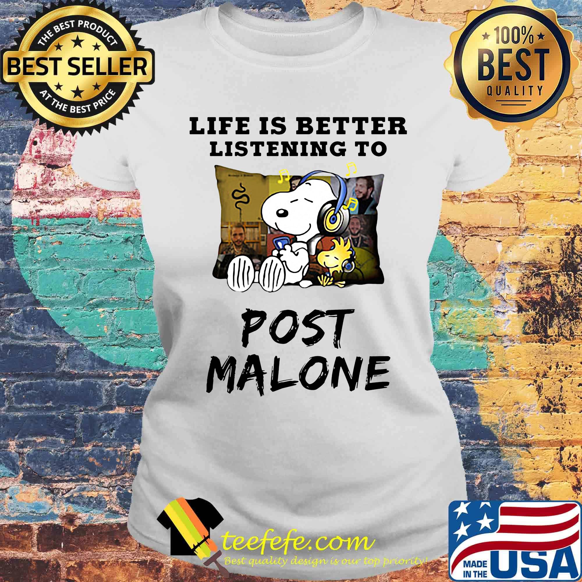 Snoopy and woodstock life is better listening to post malone s Laides tee Snoopy and woodstock life is better listening to post malone s Laides tee