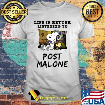 Snoopy and woodstock life is better listening to post malone shirt