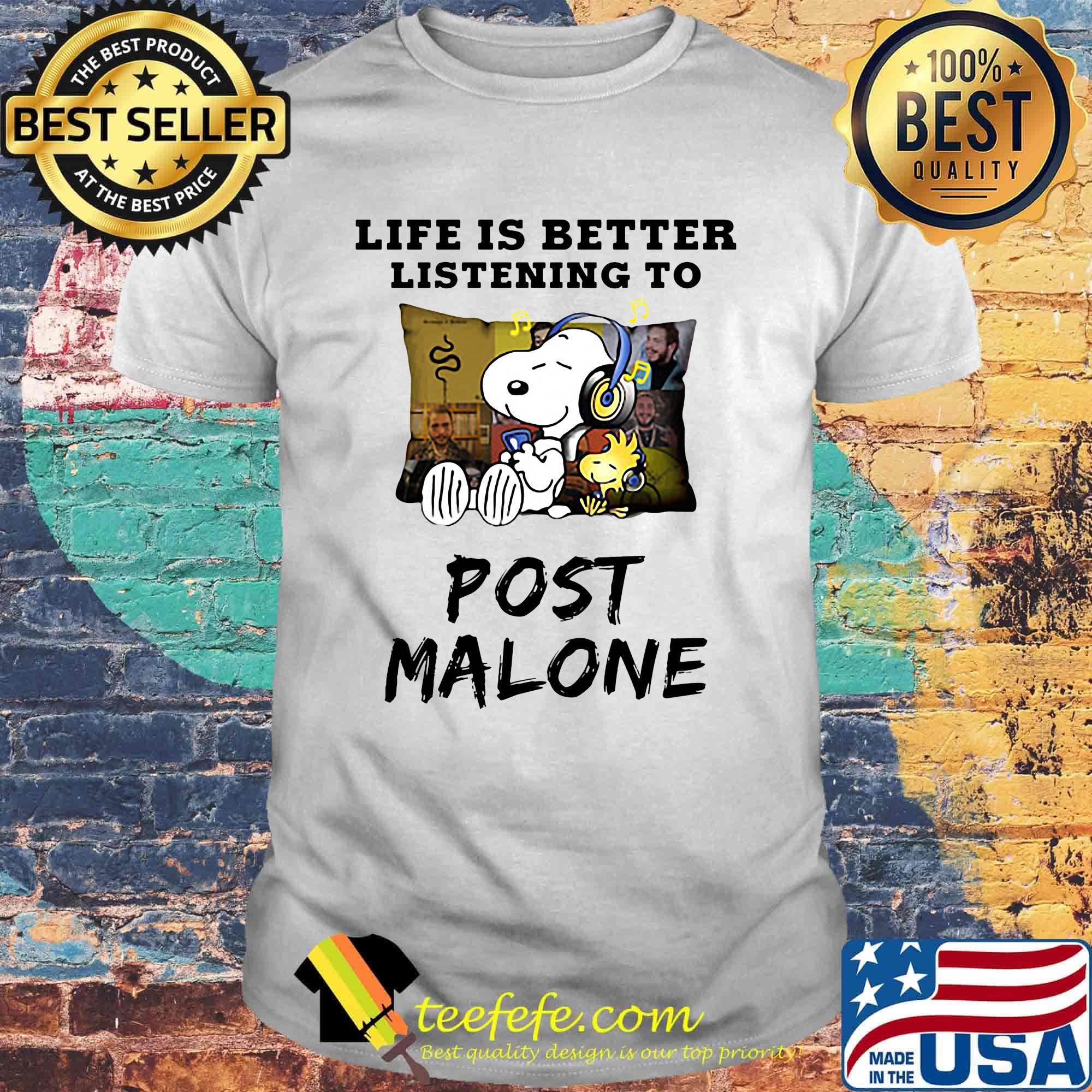Snoopy and woodstock life is better listening to post malone shirt