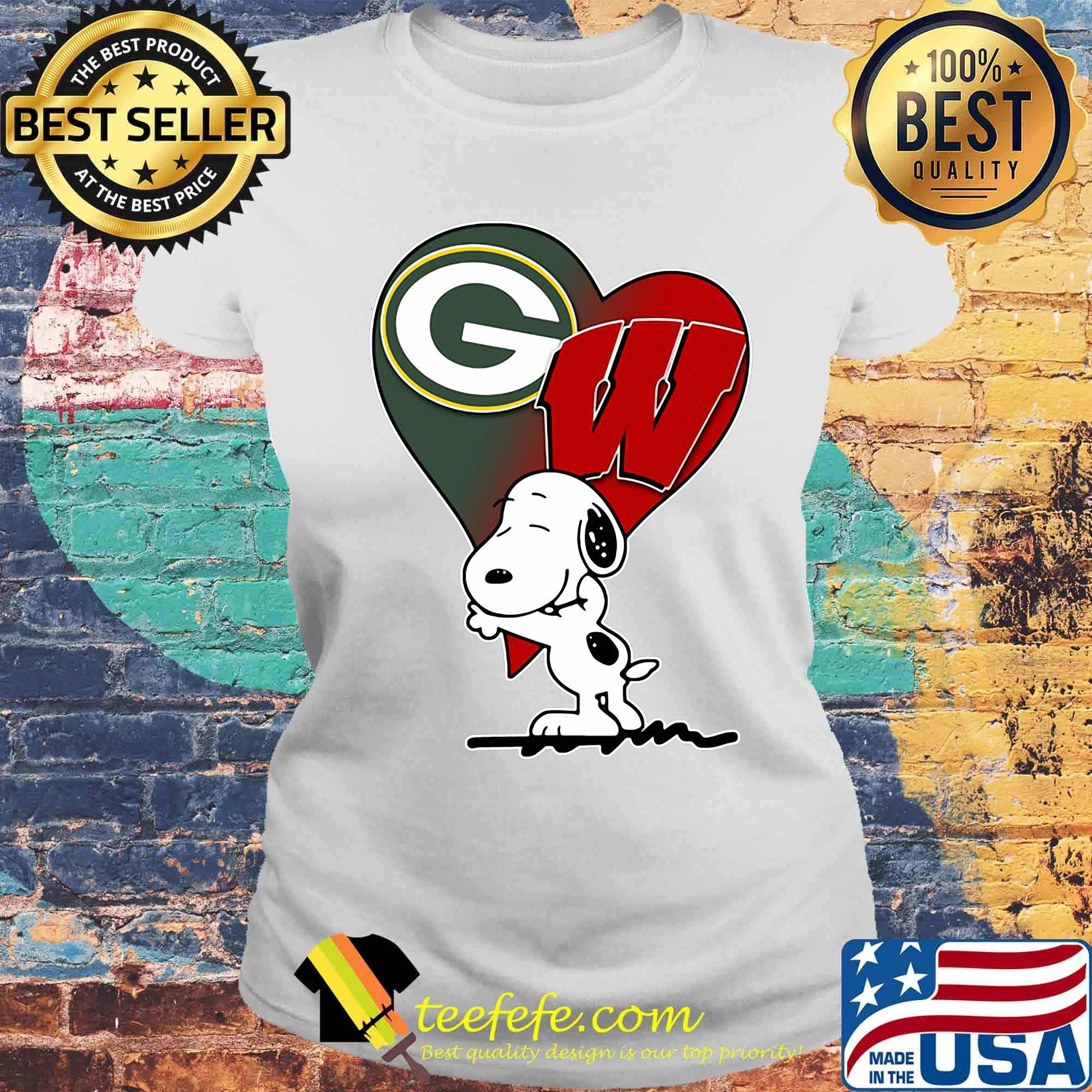Snoopy heart green bay packers and wisconsin badgers s Laides tee Snoopy heart green bay packers and wisconsin badgers s Laides tee