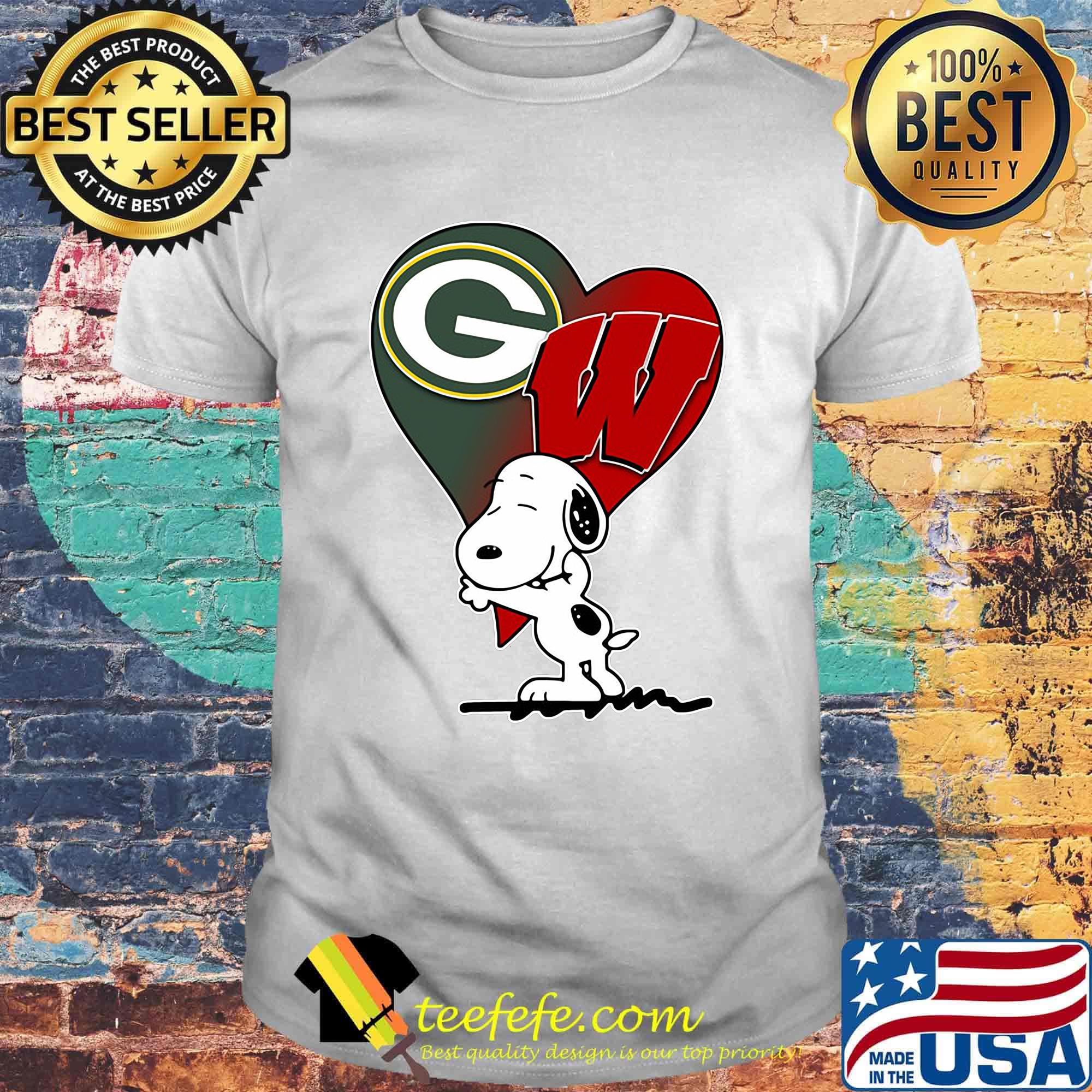 Snoopy heart green bay packers and wisconsin badgers shirt