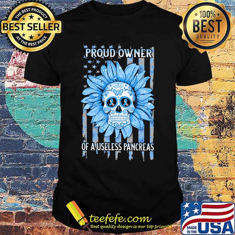 Sugar skull sunflower proud owner of a useless pancreas prevention awareness american flag independence day shirt