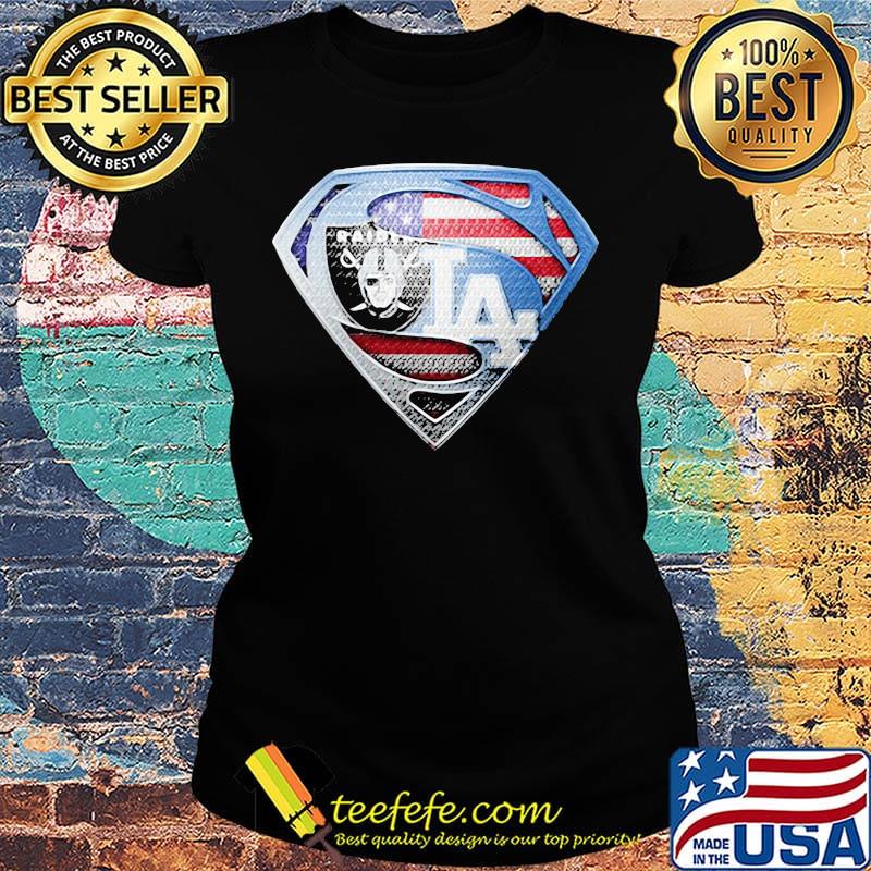 Superman los angeles raiders and los angeles dodgers american flag s Ladies tee Superman los angeles raiders and los angeles dodgers american flag s Ladies tee