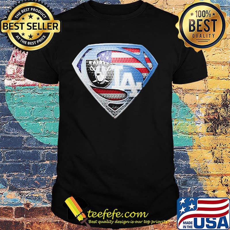 Superman los angeles raiders and los angeles dodgers american flag shirt Superman los angeles raiders and los angeles dodgers american flag shirt