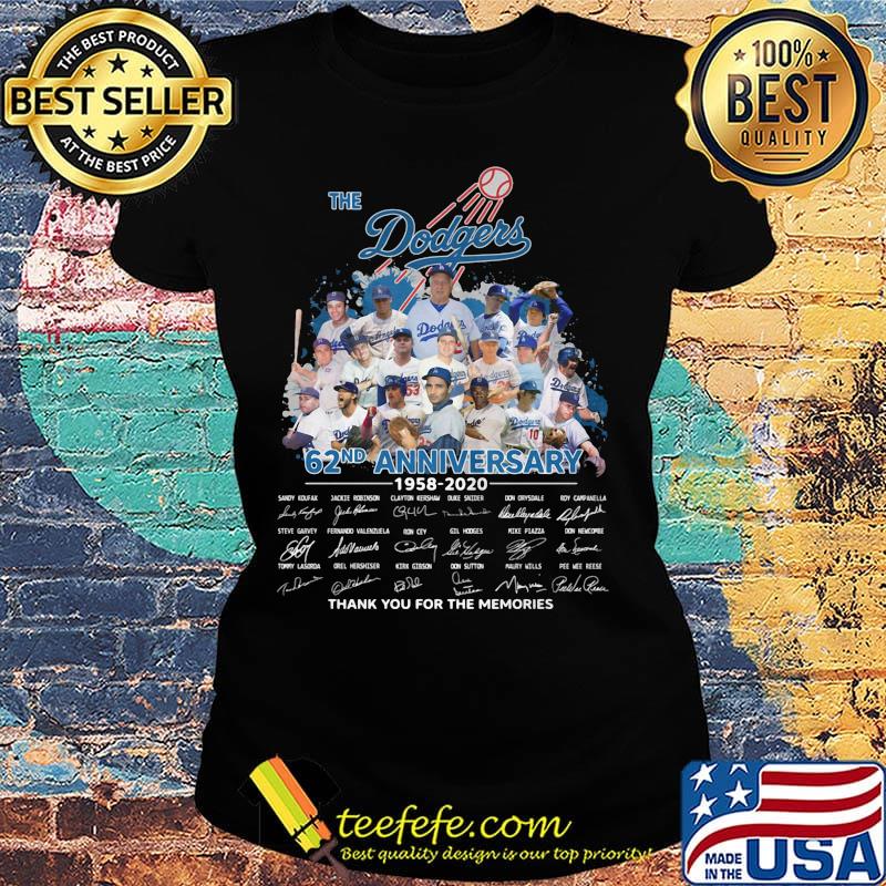 The los angeles dodgers 62nd anniversary 1958 2020 thank you for the memories signatures s Ladies tee The los angeles dodgers 62nd anniversary 1958 2020 thank you for the memories signatures s Ladies tee