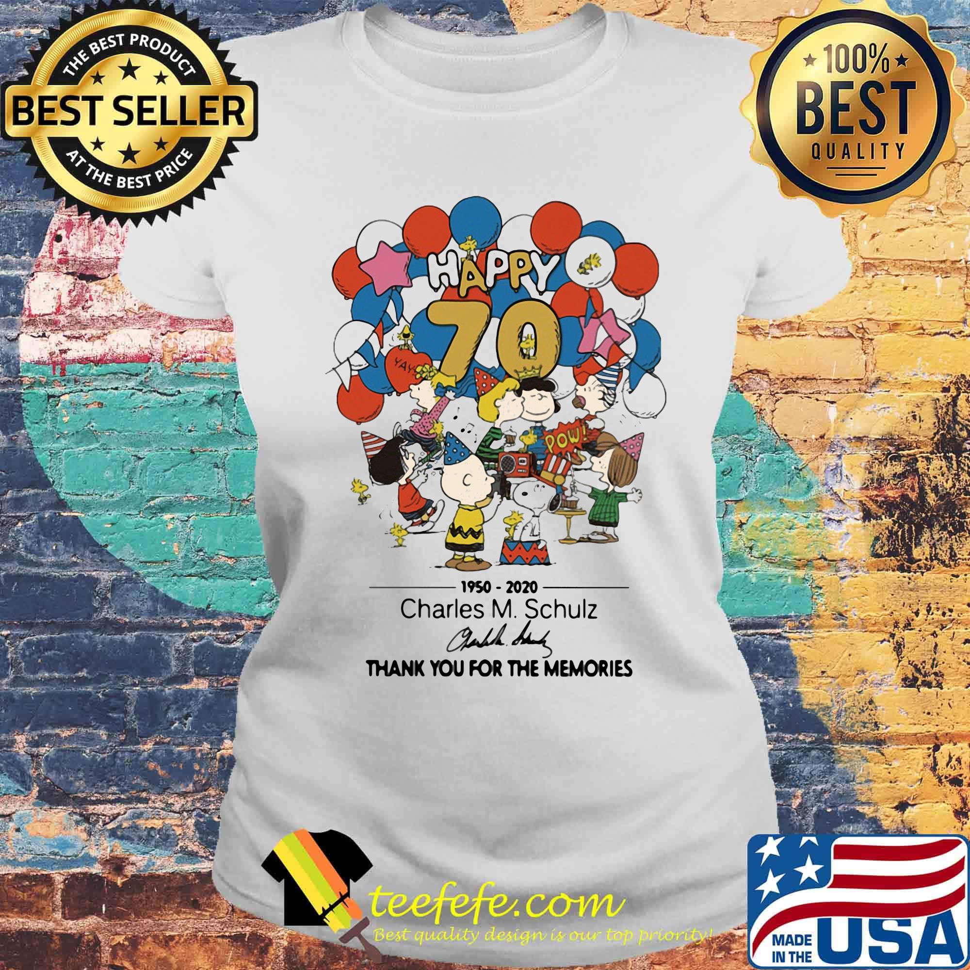 The peanuts happy 70 1950 2020 charles m. Schulz thank you for the memories signature s Laides tee The peanuts happy 70 1950 2020 charles m. Schulz thank you for the memories signature s Laides tee