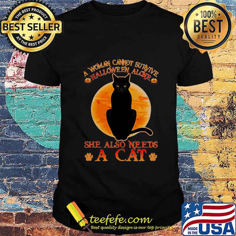 A woman cannot survive halloween alone she also needs a paw cat moon shirt