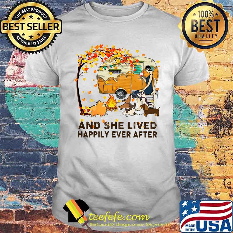 AND SHE LIVED HAPPILY EVER AFTER CAMPING DOG LADY CAMPING AUTUMN SHIRT