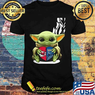 Baby yoda hug heart kansas city chiefs and kansas city royals shirt
