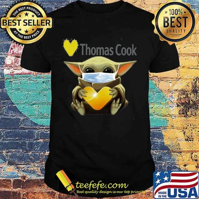 Baby yoda mask face and hug thomas cook shirt