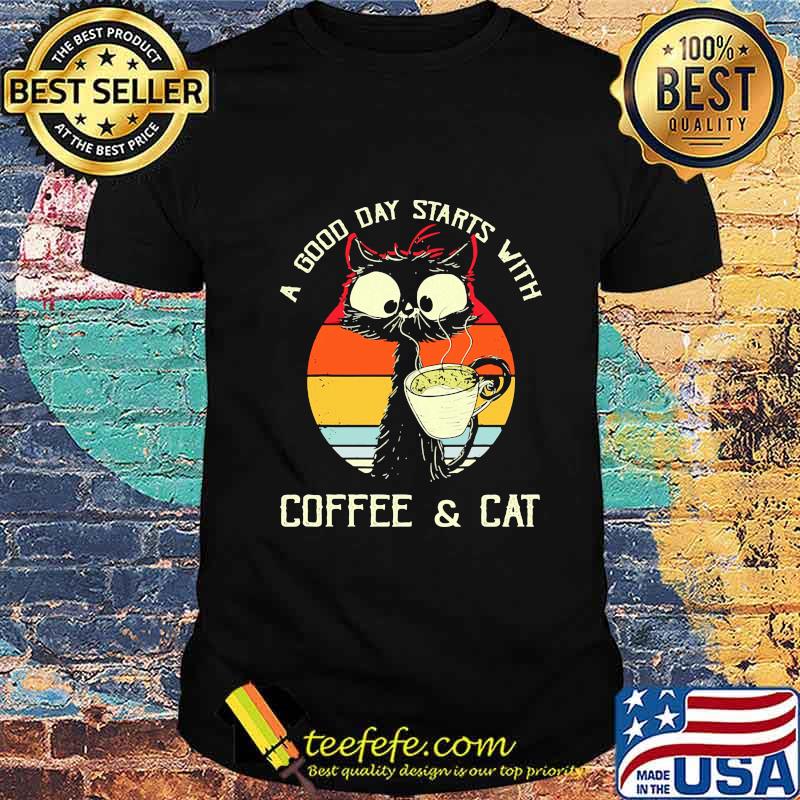 Black Cat A good day starts with coffee and cat Vintage retro shirt